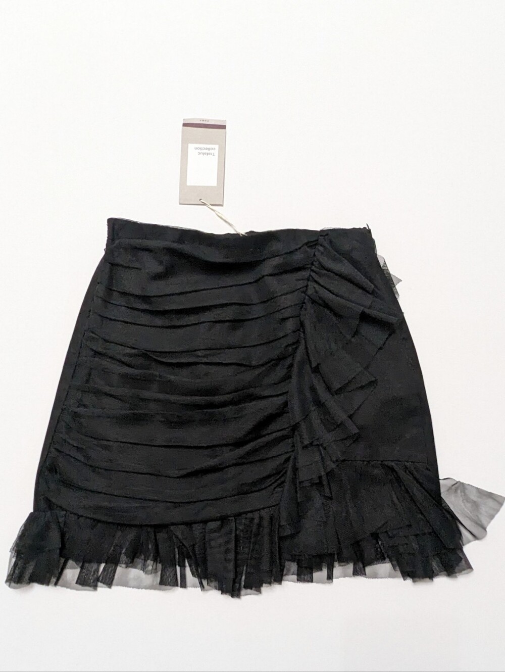 ZARA Black Layered Tulle Mini Skirt with Cascading Side Ruffle Trim Size XS